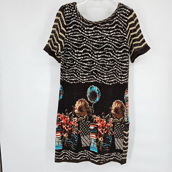 P. Luca Milano Midi Knit Dress Medium Brown Floral Sequin Bling Short Sleeve - Picture 7 of 11